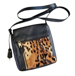 Vince Camuto Jahn Leopard Print Black Leather Crossbody Handbag